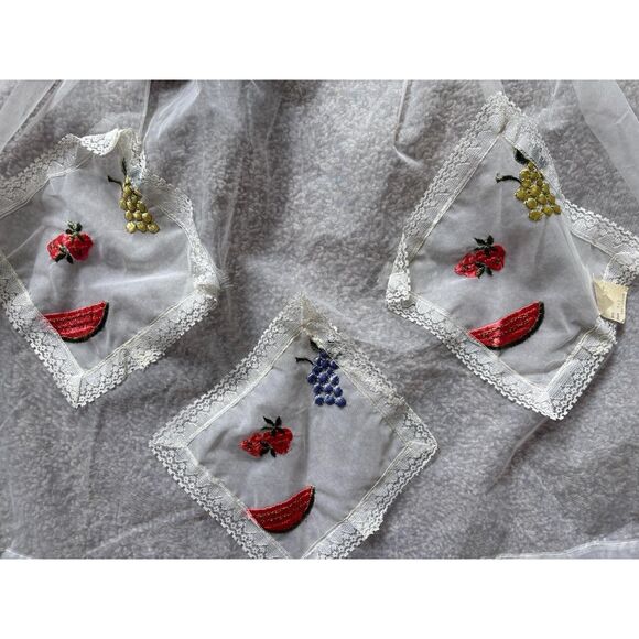 Vintage ENKA Sheer Half Apron White with Fruit Pattern Pockets 1950's - Picture 9 of 9